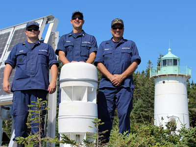 U.S. Coast Guard lighthouse technicians at Little River on July 18, 2013...(L to R) EM1 Steven Horner, EM1 Derek Stewart and Auxiliarist Bob Trapani, Jr. (Photo by Ann Trapani)